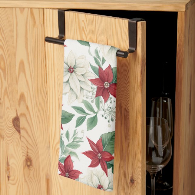 Toalla de cocina navideña festiva de poinsettia (Pliegue de tercios)