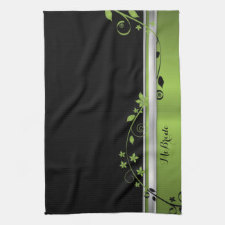 Toalla de cocina negra y verde floral elegante