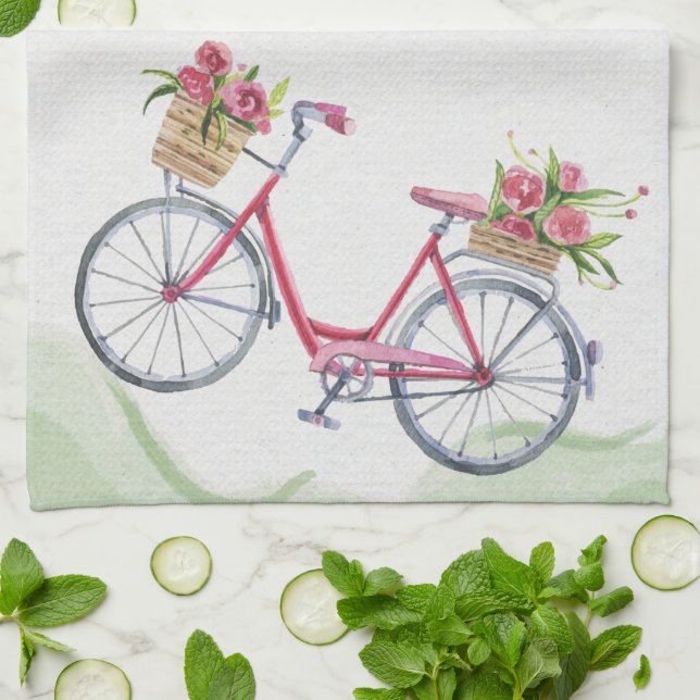 Toalla de cocina para bicicleta y rosas rosas (Doblado)