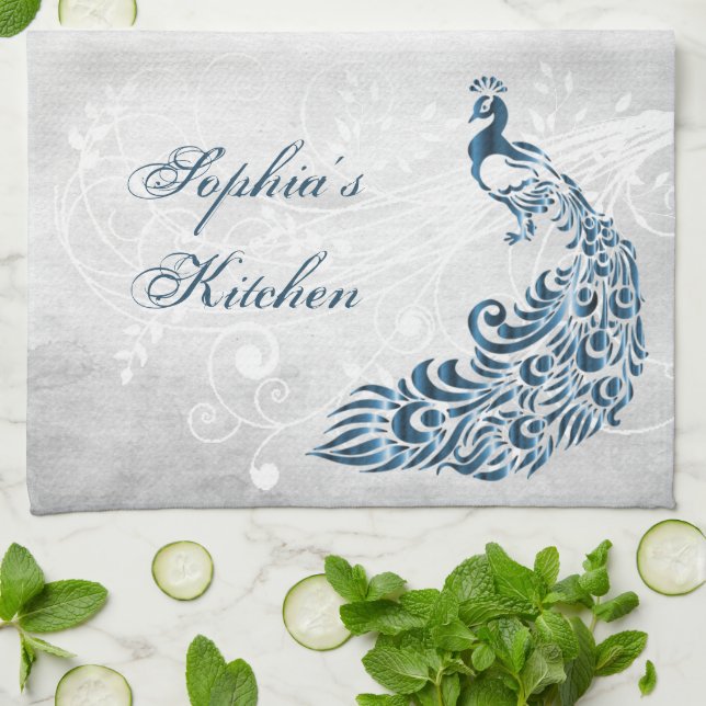 Toalla de cocina personalizada Blue Peacock (Doblado)