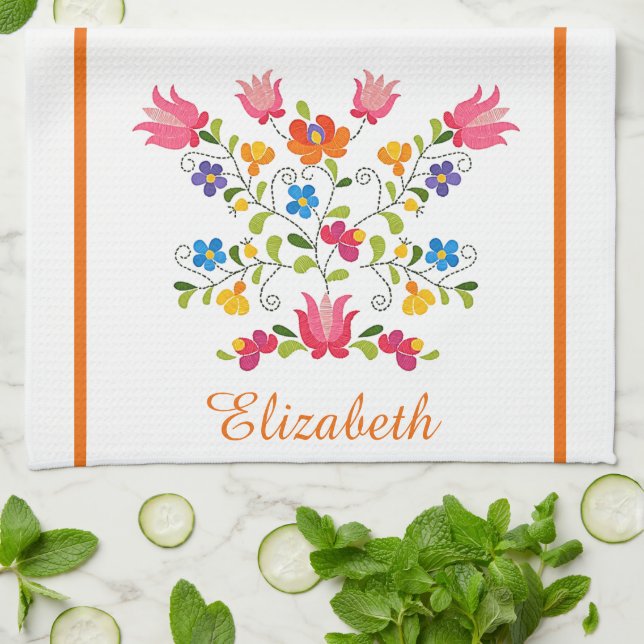 Toalla de cocina personalizada con bordado floral (Doblado)