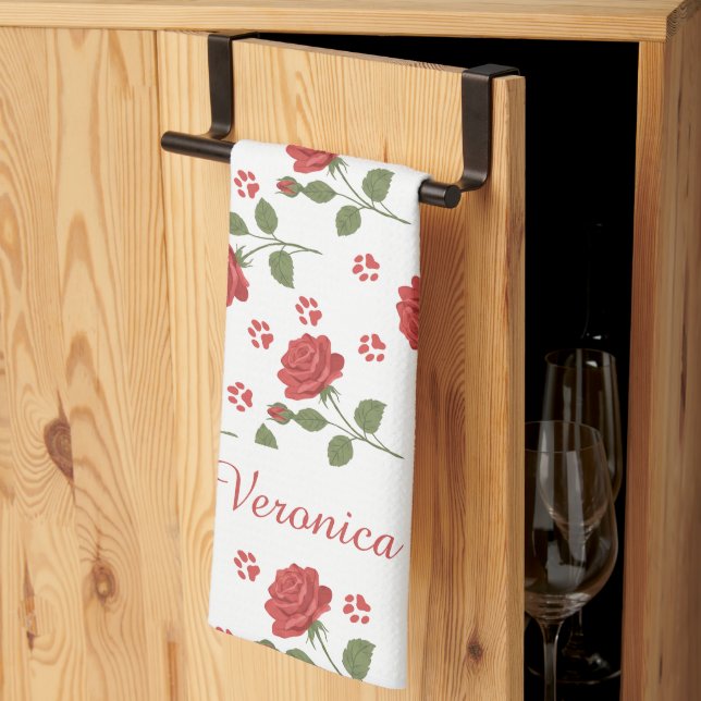 Toalla de cocina personalizada con rosa y huella d (Pliegue de tercios)