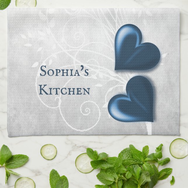 Toalla de cocina personalizada de Blue Hearts (Doblado)