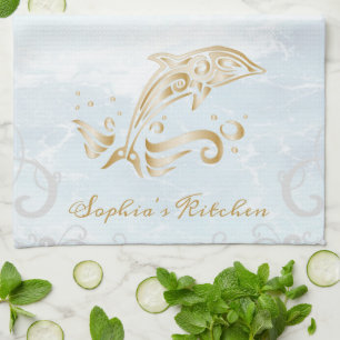Toalla de cocina personalizada de delfín dorado