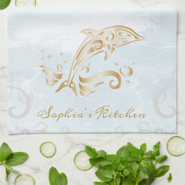 Toalla de cocina personalizada de delfín dorado (Doblado)