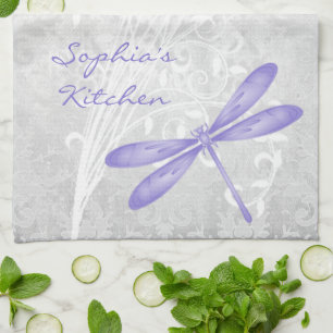 Toalla de cocina personalizada de la libélula púrp