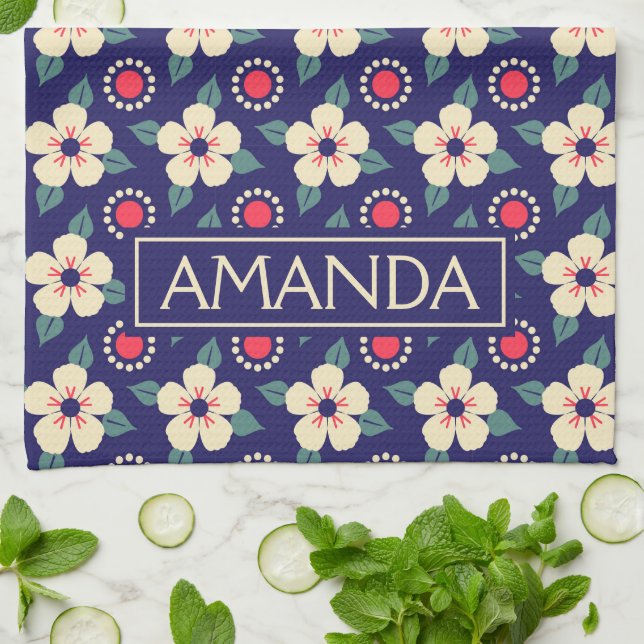 Toalla de Cocina Personalizada Floral Azul Marino (Doblado)