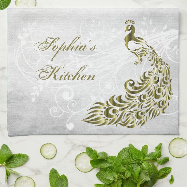 Toalla de cocina personalizada Gold Peacock (Doblado)