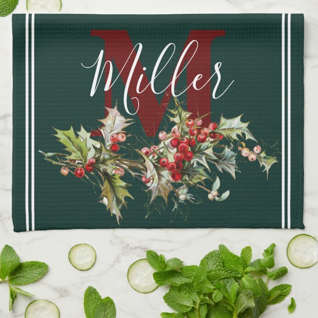 Toalla de cocina personalizada Holly and berries (Doblado)