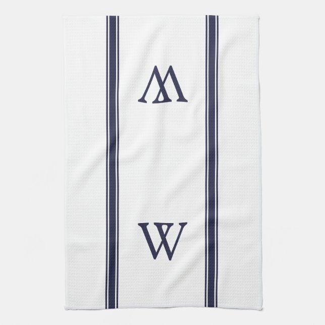 Toalla de cocina personalizada Monograma Navy Stri (Vertical)