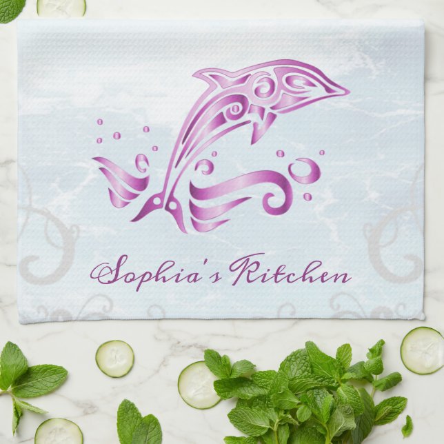 Toalla de cocina personalizada para delfín magenta (Doblado)