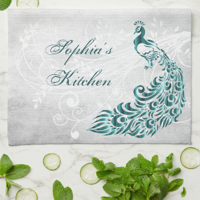 Toalla de cocina personalizada Peacock verde azula (Doblado)