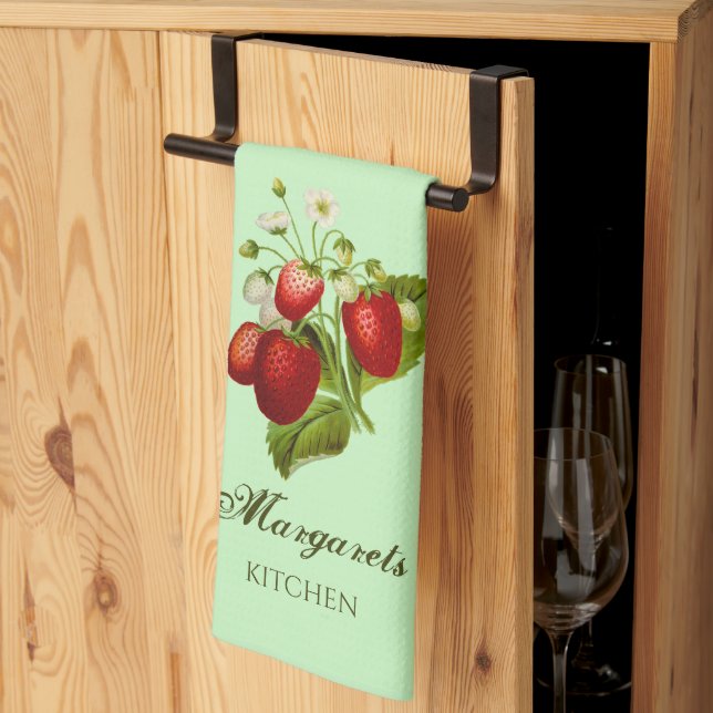 Toalla de Cocina Personalizada Verde Tema Fresa (Pliegue de tercios)