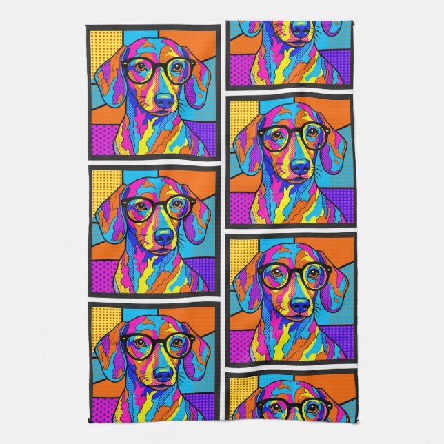Toalla de Cocina Pop Art de Dachshund Colorido (Vertical)