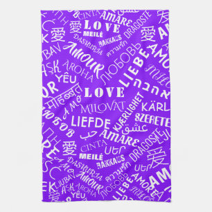Toalla de cocina púrpura con texto de amor multili
