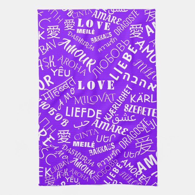 Toalla de cocina púrpura con texto de amor multili (Vertical)