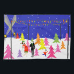 Toalla de cocina retra de la granja de árbol de<br><div class="desc">Esta toalla de cocina retra de la granja de árbol de navidad ofrece mediados de siglo modernos, minimalista, familia del dibujo animado en busca del árbol perfecto para arreglar. El diseño muestra la mamá, el papá y al joven en un colorido, estilo de los años 60, la porción del árbol...</div>