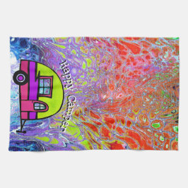 Toalla de cocina retra del campista contento