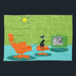 Toalla de cocina retra del gatito de la era<br><div class="desc">Se dice que los perros tienen dueños y los gatos tienen el personal. ¡El felino en esta toalla de cocina retra del gatito de la era espacial no podía estar de acuerdo más! El estilo de los años 60, características del diseño minimalistas del arte un gato liso, negro en una...</div>