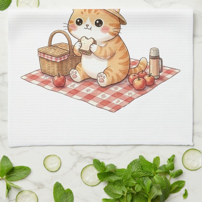 Toalla de cocina retro de picnic de gato ginger ka (Doblado)