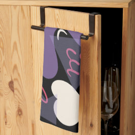 Toalla de cocina retro. Negro, blanco, púrpura, ro