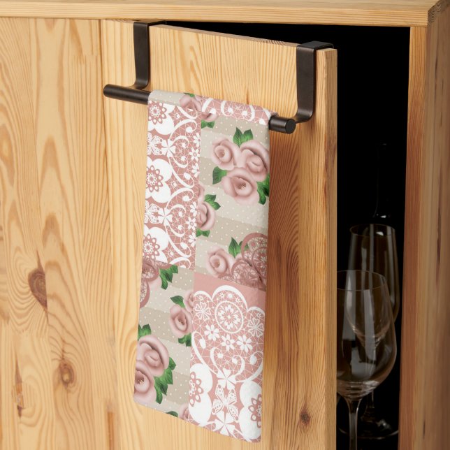 Toalla de cocina Rosa con patchwork floral rosa y  (Pliegue de tercios)