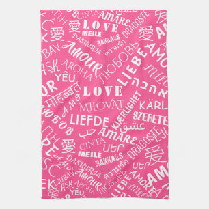 Toalla de cocina rosa con texto de amor multilingü