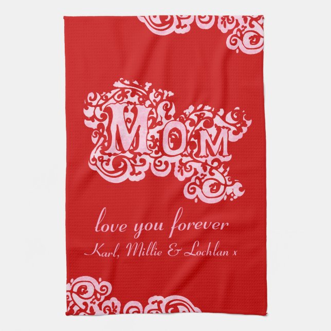 Toalla de cocina rosa y roja de amor de mamá (Vertical)