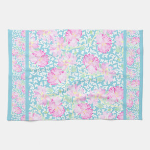 Toalla de cocina, rosas rosadas, mariposas blancas