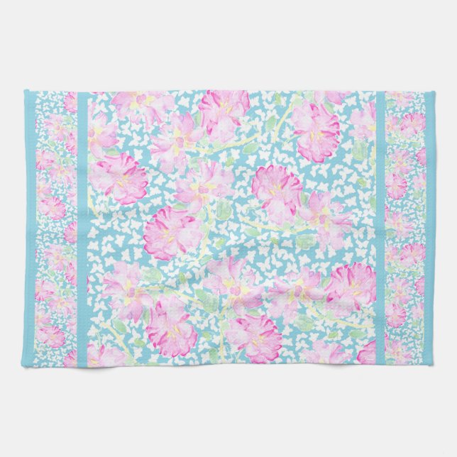 Toalla de cocina, rosas rosadas, mariposas blancas (Horizontal)