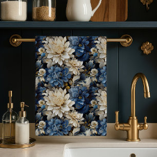 Toalla de cocina suave floral azul blanco marfil d