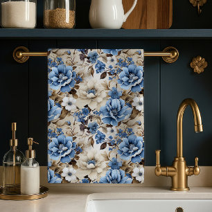 Toalla de cocina suave floral de marfil azul sofis