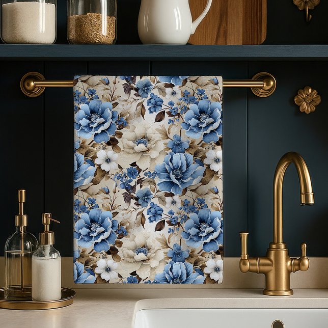 Toalla de cocina suave floral de marfil azul sofis (Sophisticated Blue Ivory Floral Soft Kitchen Towel)