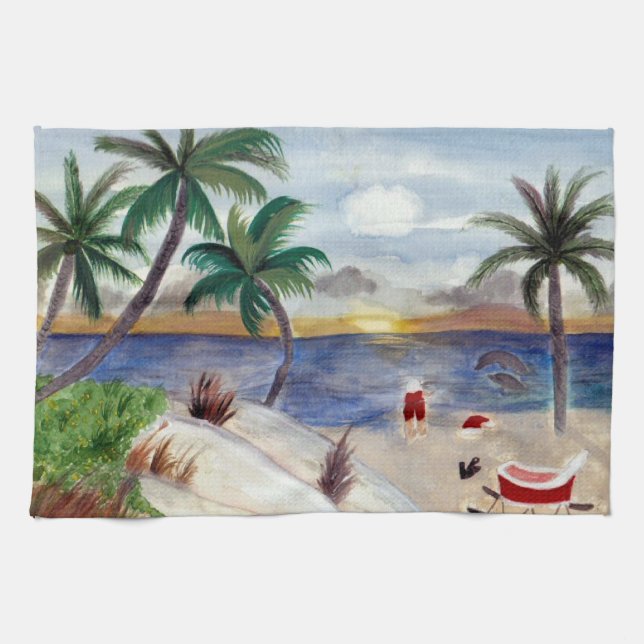 Toalla de cocina Tropical Beach Break de Santa (Horizontal)