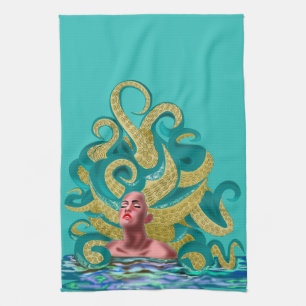 Toalla de cocina verde azulada con mujer de pulpo