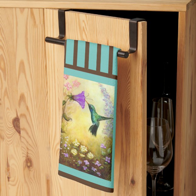 Toalla de cocina verde azulada y marrón rayada (Pliegue de tercios)