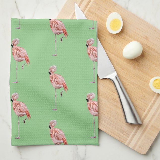 Toalla de cocina verde de estilo tropical Flamingo (Doblado Cuarto)