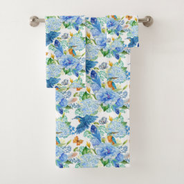 Toalla de colibríes y hortensias azules