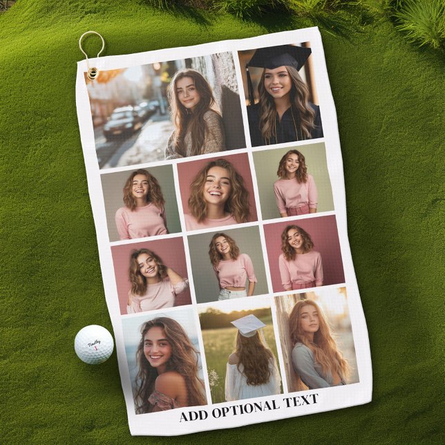Toalla De Golf 11 Collage de fotos - Texto Personalizado - Blanco (Custom Golf Towel with Photo Collage)