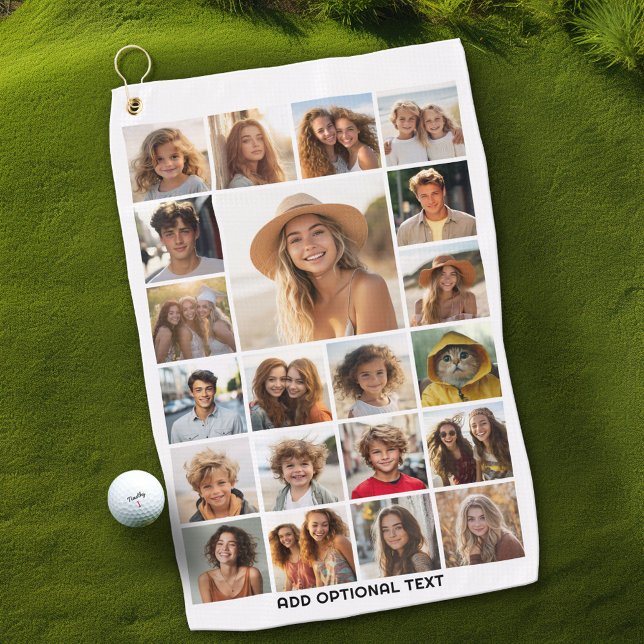 Toalla De Golf 21 Collage de fotos - Texto Personalizado - Blanco (Custom Golf Towel with Photo Collage)
