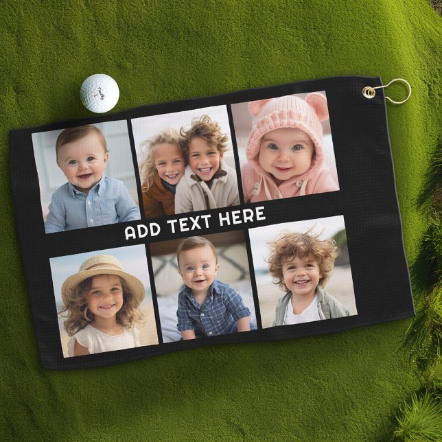Toalla De Golf 6 fotos con texto blanco sobre negro (Custom Golf Towel with Photo Collage)
