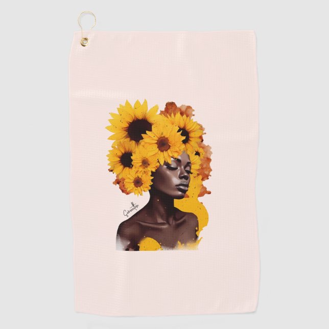 Toalla De Golf Afroamericana con pelo afro girasol (Anverso)