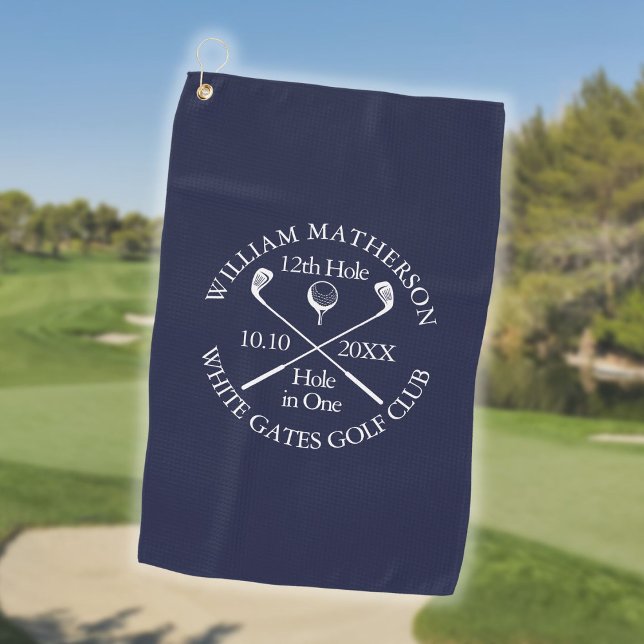 Toalla De Golf Agujero azul de la marina personalizado en uno (Personalized Navy Blue Hole in One Golf Towel)