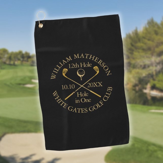 Toalla De Golf Agujero negro y oro personalizado en uno (Personalized Black And Gold Hole in One Golf Towel)