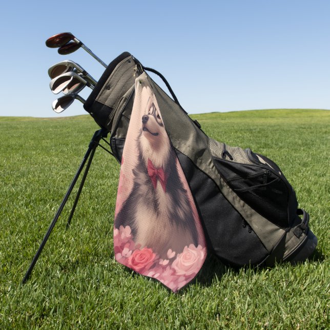 Toalla De Golf Alaskan Malamute con Rosas - El día de San Valentí (Verde)