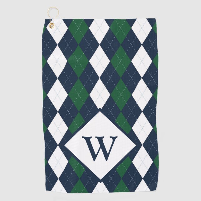 Toalla De Golf Argyle Monograma Azul y Verde (Anverso)