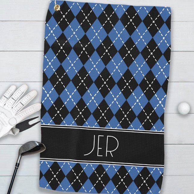Toalla De Golf Argyle Plaid Personalizado Monograma Iniciales Azu (Argyle Plaid Custom Monogram Initials Black Blue Golf Towel)
