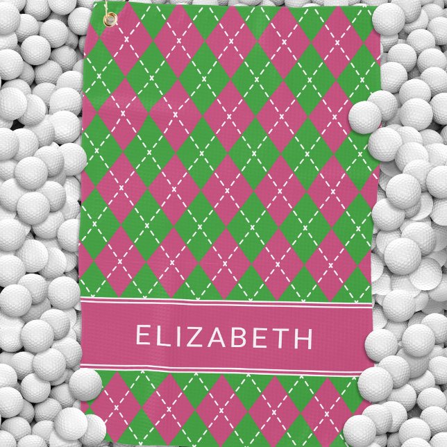 Toalla De Golf Argyle Plaid Pink Green Custom Name Preppy (Argyle Plaid Pink Green Custom Name Preppy Golf Towel)