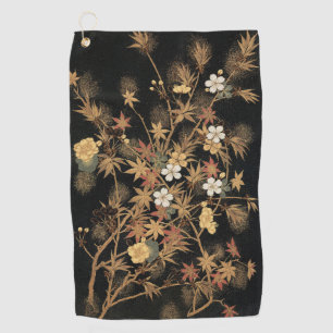Toalla De Golf Arte Floral de Otoño Vintage Japonés Negro Dorado