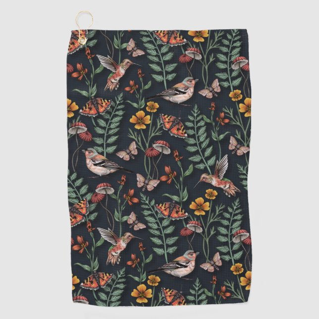 Toalla De Golf Aves de jardín oscuro y mariposas (Anverso)